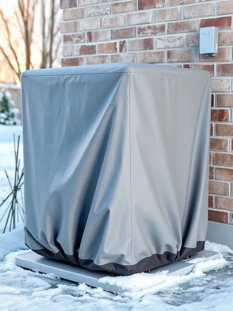 A weatherproof HVAC cover protecting an outdoor unit from snow and ice. The cover should fit snugly and be made of a durable, UV-resistant material.
