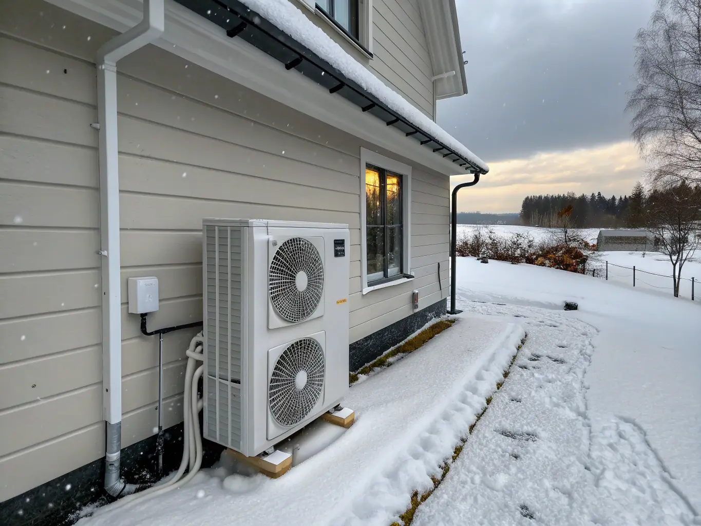 A GLACERA heat pump installed outside a home during winter, demonstrating its ability to provide efficient heating even in cold climates, highlighting its dual functionality.
