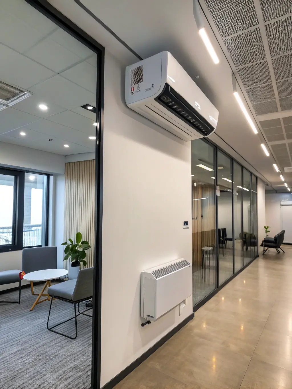 A GLACERA ductless mini-split system installed in a modern office space, highlighting its compact design and ability to provide targeted cooling and heating.