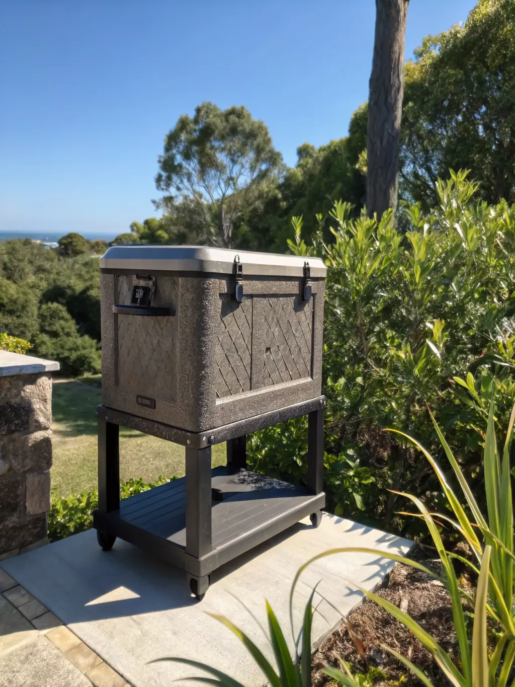 A sturdy, powder-coated steel HVAC stand supporting an outdoor air conditioning unit. The stand should be placed on a level surface, demonstrating its stability and load-bearing capacity.